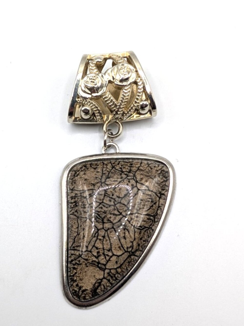 LARGE Ladies Statement Pendant Resin and Metal Brown and Silver 4 x 2" VGC